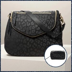 2PC Stella & Dot Black Leopard Lady Boss Shoulder Bag + Cosmetic Bag/Crossbody